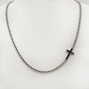 David Yurman 925 Silver Black Diamond Cross Station Box Chain Necklace